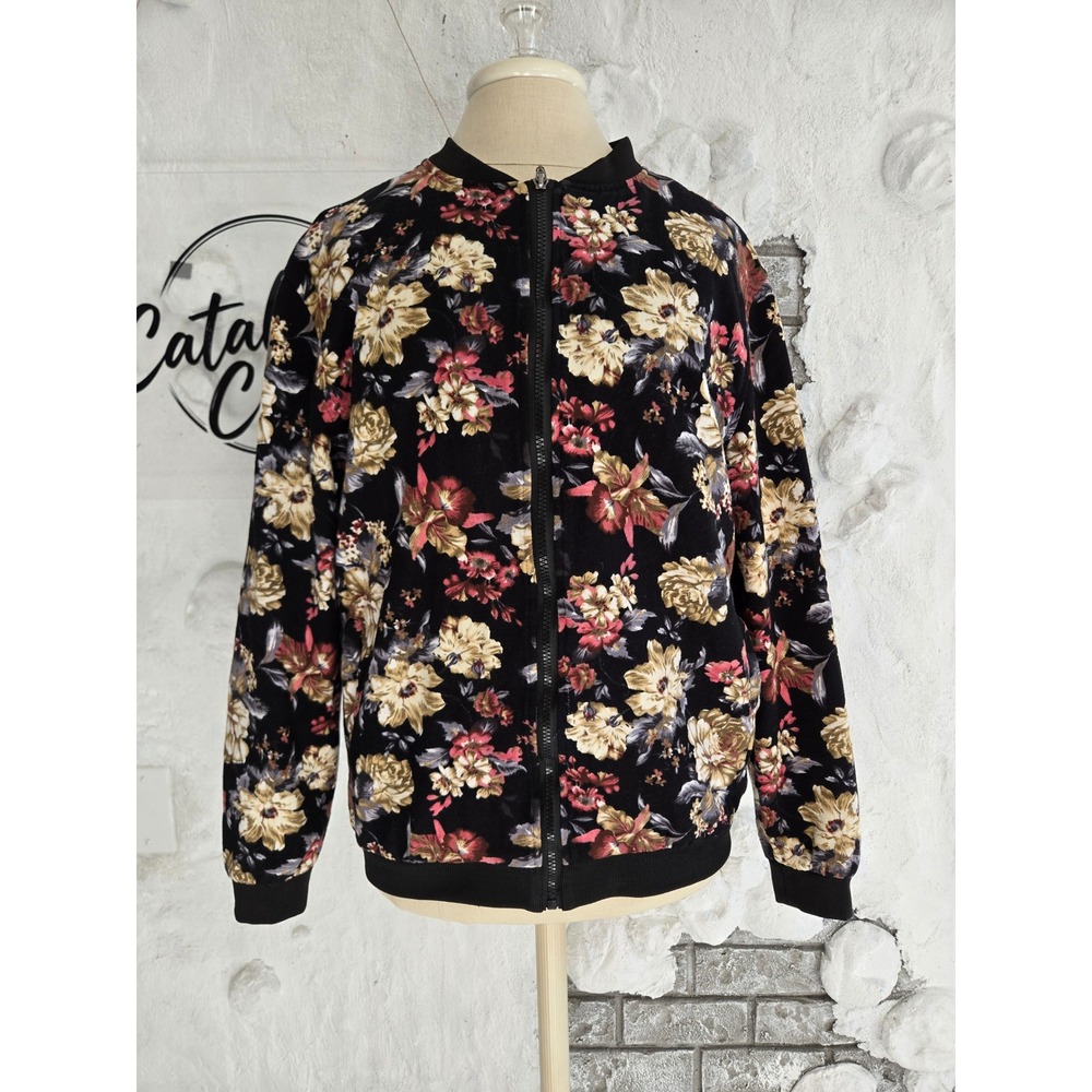 Black Velvet Floral Bomber Jacket Full Zip Graphic Lining Ribbed Trim Size XXL